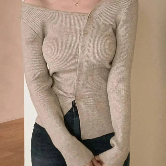 Mocha Brown Casual Womens Solid Asymmetrical Neck Button Through Ribbed Knit Ca… - Picture 4 of 5